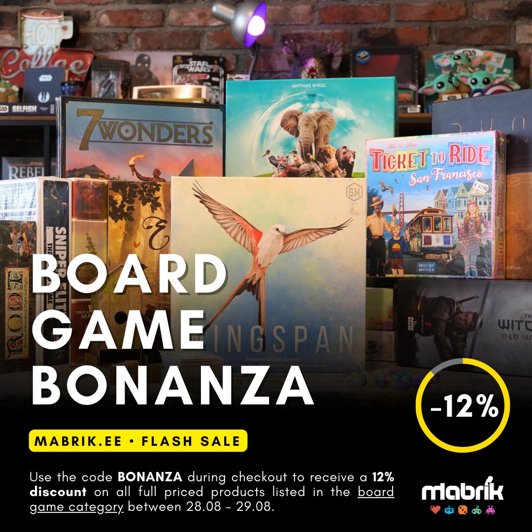 We are having a ⚡ flash sale on 🎲 board games!
As it is time to start planning for rainy 🍂 autumn days, all products in the board game category on mabrik.ee will be 💣 12% off with the use of the discount code BONANZA between 28.08 - 29.08.
Please note that the code is valid only with full-priced products and you can use it during 🛒 checkout in the e-shop. As always, the discount applies to in-store purchases as well, so just ask our people.
Sharing is caring - please and thank you! :)
#mabrikstudios #sale #boardgames