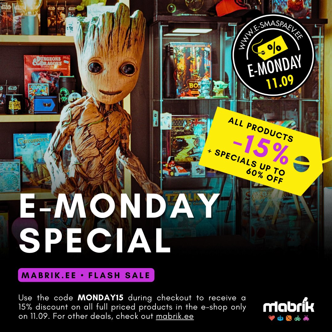 The best of Mondays is upon us again! ❤️
ALL products will be 💣 15% off with the use of the discount code MONDAY15 only on 11.09.
You can check out our 🙃 ever awesome selection on https://mabrik.ee and expect other sweet deals to pop up with discounts up to 60% off, so keep an eye out on your favorites or even use the wishlist on our website!
❗ Please note that the code is valid only with full-priced products and you can use it during 🛒 checkout in the e-shop or MABRIK retail locations in Telliskivi and Tuukri - use the phrase "This is the way!" to redeem the in-store discount 😉
#mabrikstudios #emonday #sale #special #discount #boardgames #wargaming #merchandise #collectibles #geekstuff #hobby #nintendoswitch #onedaydeal